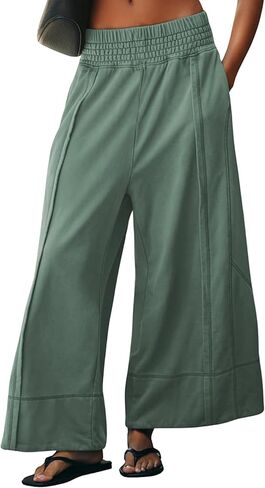 Womens Wide Leg Pants Casual Elastic High Waist Baggy Sweatpants Loose Cotton Lounge Palazzo Trousers in Saudi Arabia