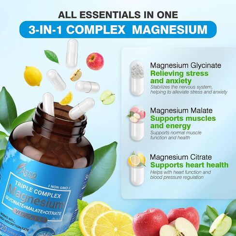 ASSR Triple Magnesium Complex - 300mg Pure Ocean Magnesium Glycinate & Magnesium Malate & Magnesium Citrate for Sleep, Energy, and Relaxation Support, High Absorption, Vegan, Non-GMO, 120 Capsules in Kuwait