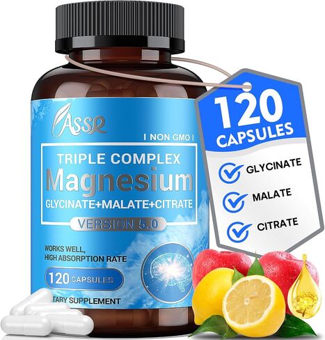 ASSR Triple Magnesium Complex - 300mg Pure Ocean Magnesium Glycinate & Magnesium Malate & Magnesium Citrate for Sleep, Energy, and Relaxation Support, High Absorption, Vegan, Non-GMO, 120 Capsules in Kuwait