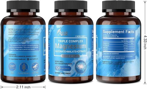 ASSR Triple Magnesium Complex - 300mg Pure Ocean Magnesium Glycinate & Magnesium Malate & Magnesium Citrate for Sleep, Energy, and Relaxation Support, High Absorption, Vegan, Non-GMO, 120 Capsules in Kuwait