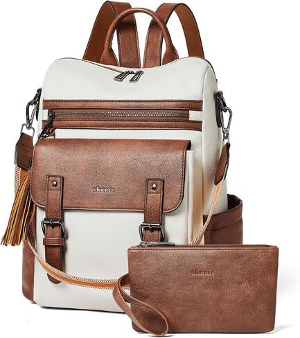 Shrrie Womens Vegan Leather Backpack Purse for Work College Beige with Brown Fashion Small Backpack Design Water-Resistant Purse in Kuwait