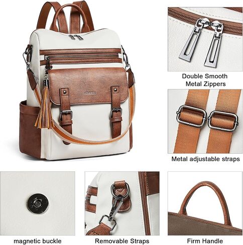 Shrrie Womens Vegan Leather Backpack Purse for Work College Beige with Brown Fashion Small Backpack Design Water-Resistant Purse in Kuwait