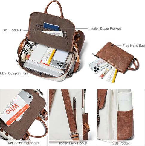 Shrrie Womens Vegan Leather Backpack Purse for Work College Beige with Brown Fashion Small Backpack Design Water-Resistant Purse in Kuwait