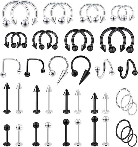 44Pcs Lip Rings 16g Surgical Steel Labret Jewelry Lip Barbell Piercing Vertical Labret Spike Snake Bite Piercing Jewelry Horseshoe Septum Nose Ring Cartilage Tragus Helix Earrings Studs in Saudi Arabia