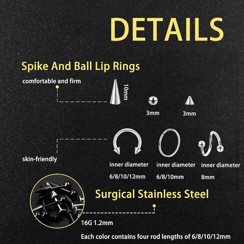 44Pcs Lip Rings 16g Surgical Steel Labret Jewelry Lip Barbell Piercing Vertical Labret Spike Snake Bite Piercing Jewelry Horseshoe Septum Nose Ring Cartilage Tragus Helix Earrings Studs in Saudi Arabia