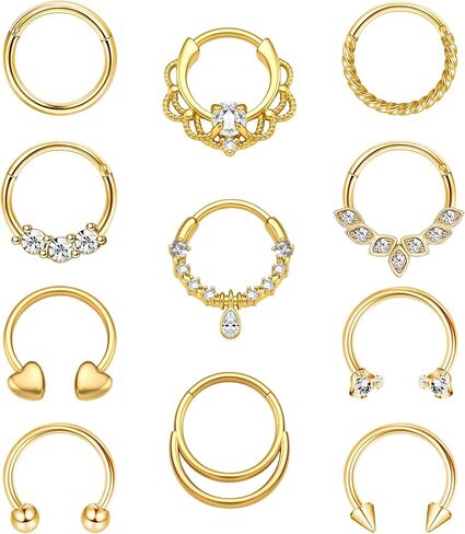 11PCS 16G Septum Rings Surgical Stainless Steel Septum Jewelry Hinged Clicker Segment Horseshoe Septum Piercing Gold Plated Daith Earrings for Women Men 8mm 10mm in Kuwait