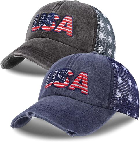 2 Pack American Flag Hat Baseball Cap, Embroidery Washed Patriotic USA 4th of July Hat for Men Women in Saudi Arabia