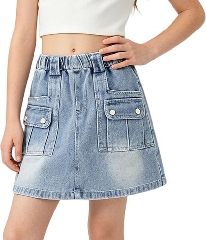 Rolanko Girls Jean Skirt, Tiered Ruffle Denim Skort, Elastic Waist Denim Skirts with Pockets for Kids School Daily Wear 6-14Y in Kuwait