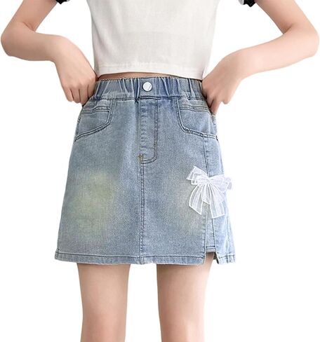 Rolanko Girls Jean Skirt, Tiered Ruffle Denim Skort, Elastic Waist Denim Skirts with Pockets for Kids School Daily Wear 6-14Y in Kuwait