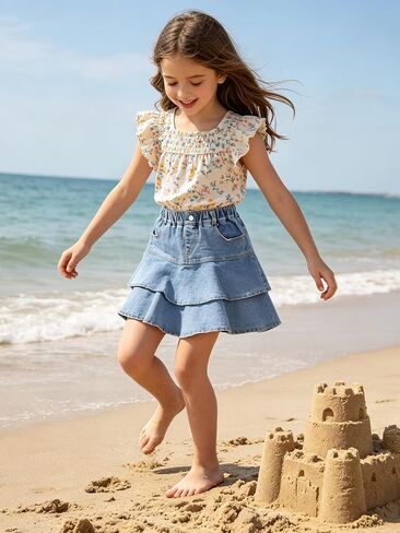 Rolanko Girls Jean Skirt, Tiered Ruffle Denim Skort, Elastic Waist Denim Skirts with Pockets for Kids School Daily Wear 6-14Y in Kuwait