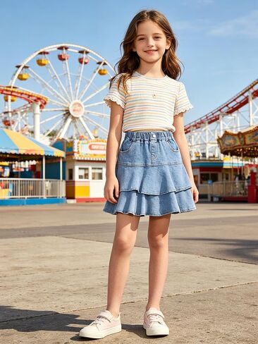 Rolanko Girls Jean Skirt, Tiered Ruffle Denim Skort, Elastic Waist Denim Skirts with Pockets for Kids School Daily Wear 6-14Y in Kuwait