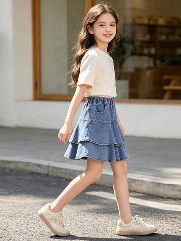 Rolanko Girls Jean Skirt, Tiered Ruffle Denim Skort, Elastic Waist Denim Skirts with Pockets for Kids School Daily Wear 6-14Y in Kuwait