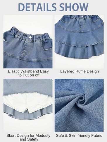 Rolanko Girls Jean Skirt, Tiered Ruffle Denim Skort, Elastic Waist Denim Skirts with Pockets for Kids School Daily Wear 6-14Y in Kuwait