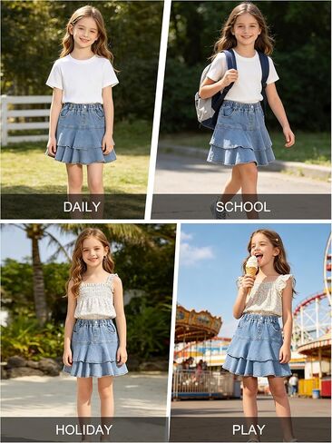 Rolanko Girls Jean Skirt, Tiered Ruffle Denim Skort, Elastic Waist Denim Skirts with Pockets for Kids School Daily Wear 6-14Y in Kuwait