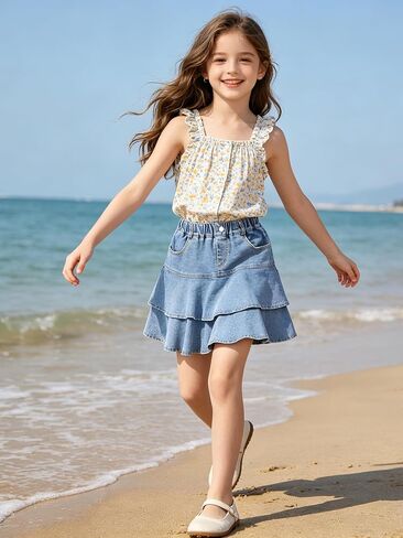 Rolanko Girls Jean Skirt, Tiered Ruffle Denim Skort, Elastic Waist Denim Skirts with Pockets for Kids School Daily Wear 6-14Y in Kuwait