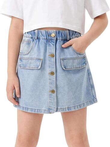 Rolanko Girls Jean Skirt, Tiered Ruffle Denim Skort, Elastic Waist Denim Skirts with Pockets for Kids School Daily Wear 6-14Y in Kuwait