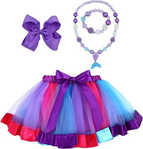 Dizila Layered Fluffy Tulle Color-Block Rainbow Tutu Skirt Ballet Dance Dress with Hair Bow for Toddlers Kids Little Girls in Saudi Arabia