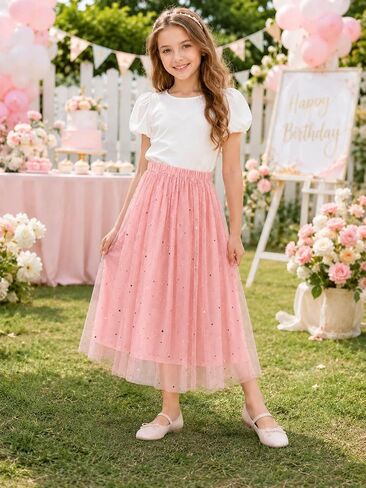 Girls Sparkle Tulle Skirt, Star Print Maxi A-Line Mesh Tutu for Birthday Party, Dance & Special Occasion, Ages 7-14 in Saudi Arabia