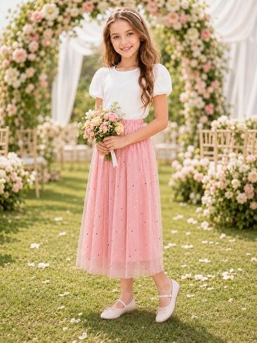 Girls Sparkle Tulle Skirt, Star Print Maxi A-Line Mesh Tutu for Birthday Party, Dance & Special Occasion, Ages 7-14 in Saudi Arabia