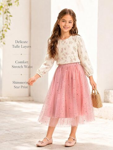 Girls Sparkle Tulle Skirt, Star Print Maxi A-Line Mesh Tutu for Birthday Party, Dance & Special Occasion, Ages 7-14 in Saudi Arabia