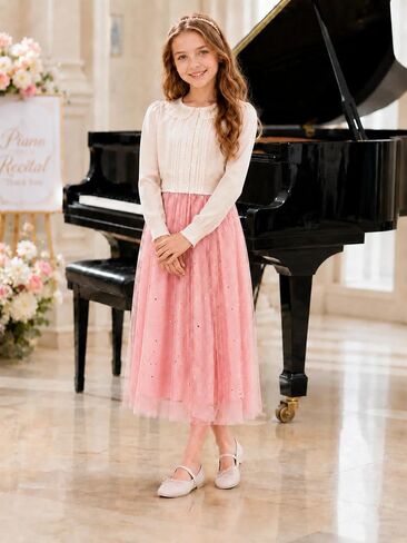 Girls Sparkle Tulle Skirt, Star Print Maxi A-Line Mesh Tutu for Birthday Party, Dance & Special Occasion, Ages 7-14 in Saudi Arabia