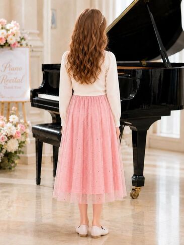 Girls Sparkle Tulle Skirt, Star Print Maxi A-Line Mesh Tutu for Birthday Party, Dance & Special Occasion, Ages 7-14 in Saudi Arabia