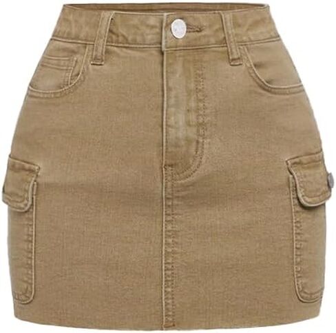 Nivne Tco Teen Girls Cargo Denim Skirt - Elastic Waistband & Zipper Fly Bodycon Mini Jean Skirt with Side Pockets in Kuwait