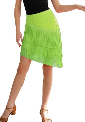 Happy Cherry Girls Latin Dance Skirt 3-Layer Stretch Waist Fringe Skirt for Kids Performance, Ballroom, Salsa, Jazz Dance in Kuwait