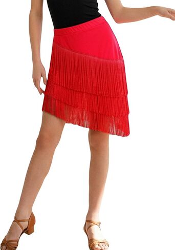 Happy Cherry Girls Latin Dance Skirt 3-Layer Stretch Waist Fringe Skirt for Kids Performance, Ballroom, Salsa, Jazz Dance in Kuwait
