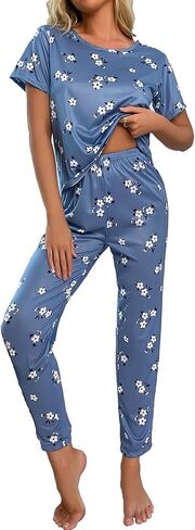 طقم بيجامات نسائي من Cuddle Duds، بأكمام قصيرة وبنطلون مطبوع عليه زهور لطيفة، ملابس نوم مكونة من قطعتين in Kuwait