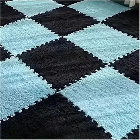 Solid Color Carpet Soft Plush Puzzle Mat BPA-Free Interlocking Foam Living Room Rug Warm Non-Slip Washable Floor Protector Home Decor Mat(Blue Black,30x30cm 8Pcs) in Kuwait