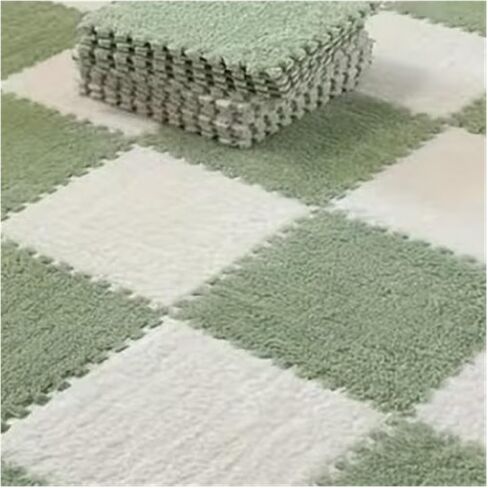 Solid Color Carpet Soft Plush Puzzle Mat BPA-Free Interlocking Foam Living Room Rug Warm Non-Slip Washable Floor Protector Home Decor Mat(White Mint,30x30cm 10Pcs) in Kuwait