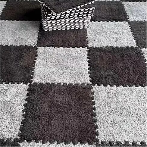 Solid Color Carpet Soft Plush Puzzle Mat BPA-Free Interlocking Foam Living Room Rug Warm Non-Slip Washable Floor Protector Home Decor Mat(Black Gray,30x30cm 16Pcs) in Kuwait