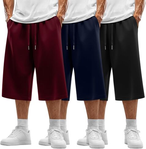 August Alley 3 Pack رجالية كابري بانت فضفاض صيفي تحت الركبة شورت رياضي كاجوال برباط 3/4 بنطلون مع جيوب in Kuwait