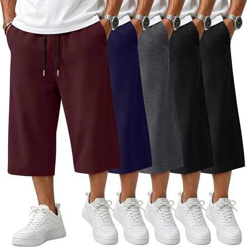 August Alley 5 Pack Men's Big and Tall Capri Pants Below Knee 3/4 Shorts Baggy Casual Drawstring Elastic Cropped with Pockets in Kuwait