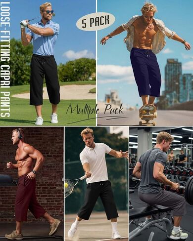 August Alley 5 Pack Men's Big and Tall Capri Pants Below Knee 3/4 Shorts Baggy Casual Drawstring Elastic Cropped with Pockets in Kuwait