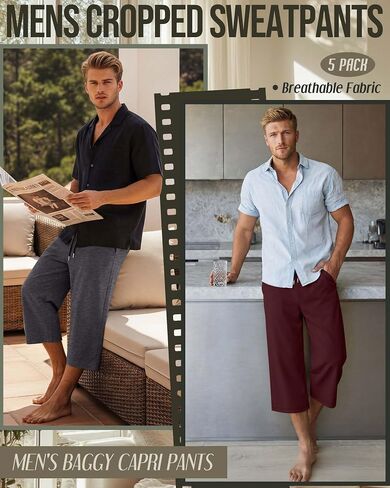 August Alley 5 Pack Men's Big and Tall Capri Pants Below Knee 3/4 Shorts Baggy Casual Drawstring Elastic Cropped with Pockets in Kuwait