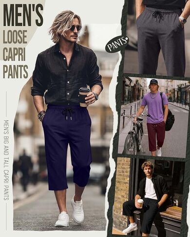 August Alley 5 Pack Men's Big and Tall Capri Pants Below Knee 3/4 Shorts Baggy Casual Drawstring Elastic Cropped with Pockets in Kuwait