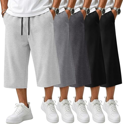 August Alley 5 Pack Men's Big and Tall Capri Pants Below Knee 3/4 Shorts Baggy Casual Drawstring Elastic Cropped with Pockets in Kuwait