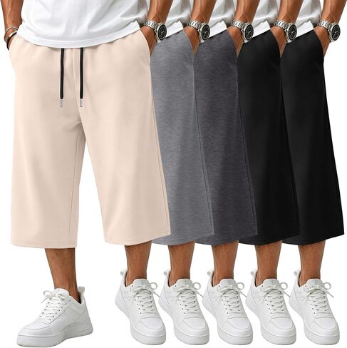 August Alley 5 Pack Men's Big and Tall Capri Pants Below Knee 3/4 Shorts Baggy Casual Drawstring Elastic Cropped with Pockets in Kuwait