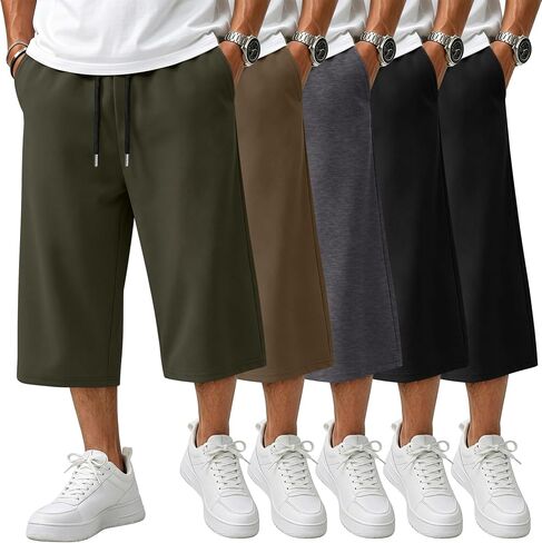 August Alley 5 Pack Men's Big and Tall Capri Pants Below Knee 3/4 Shorts Baggy Casual Drawstring Elastic Cropped with Pockets in Kuwait