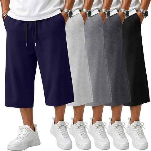 August Alley 5 Pack Men's Big and Tall Capri Pants Below Knee 3/4 Shorts Baggy Casual Drawstring Elastic Cropped with Pockets in Kuwait