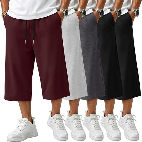August Alley 5 Pack Men's Big and Tall Capri Pants Below Knee 3/4 Shorts Baggy Casual Drawstring Elastic Cropped with Pockets in Kuwait