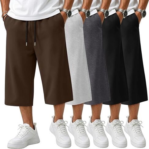 August Alley 5 Pack Men's Big and Tall Capri Pants Below Knee 3/4 Shorts Baggy Casual Drawstring Elastic Cropped with Pockets in Kuwait
