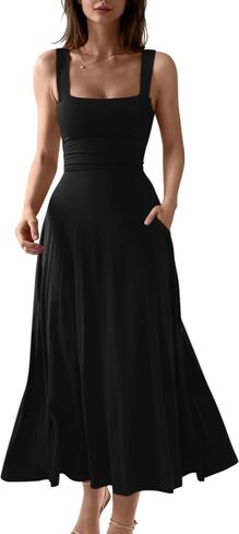 OYS Women's Casual Sleeveless Square Neck A-Line Solid Slim Flowy Long Corset Dress with Pockets in Saudi Arabia