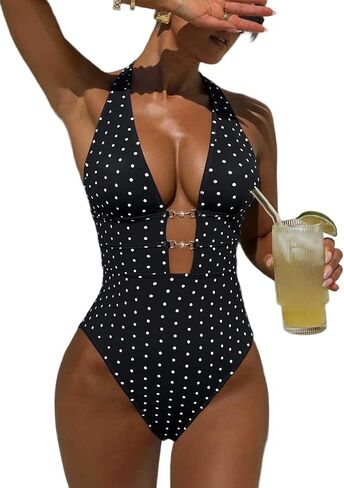 Women's Polka Dot Halter One Piece Swimsuits Plunge V Neck Metal Ring Tummy Control Cheeky High Cut Monokini Bathing Suit in Saudi Arabia