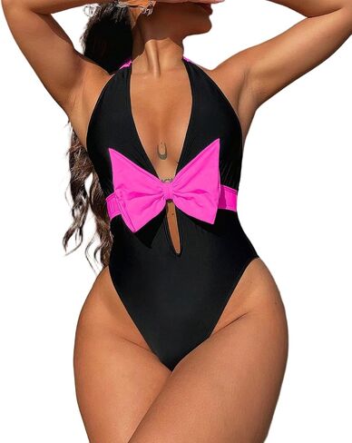 One Piece Swimsuit Women Halter Plunge V Neck Fluorescent Bow Tie Cheeky High Cut Monokini Pool Party Vacation Bathing Suit in Saudi Arabia