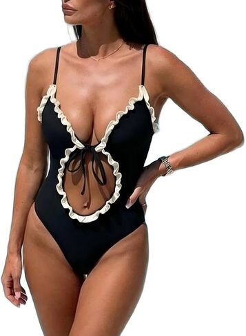 Ruffle Trim One Piece Swimsuit Women Deep V Spaghetti Strap Tie Front Cutout Monokini Bathing Suit Beach Swimwear in Saudi Arabia