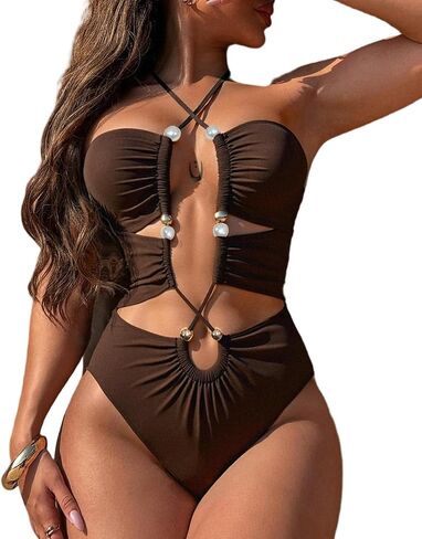 One Piece Swimsuit for Women Halter Pearl Sexy Cutout Ruched Monokini Bathing Suit 2026 Summer Beach Swimswear in Saudi Arabia