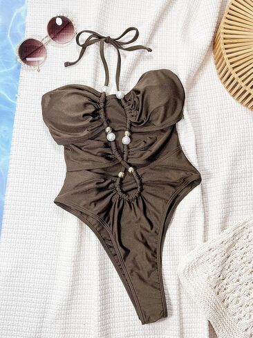 One Piece Swimsuit for Women Halter Pearl Sexy Cutout Ruched Monokini Bathing Suit 2026 Summer Beach Swimswear in Kuwait